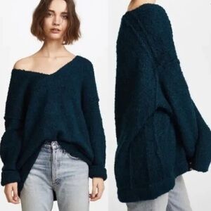 Free People Lofty Vneck Sweater Pullover Medium Oversized Teal Green Alpaca
